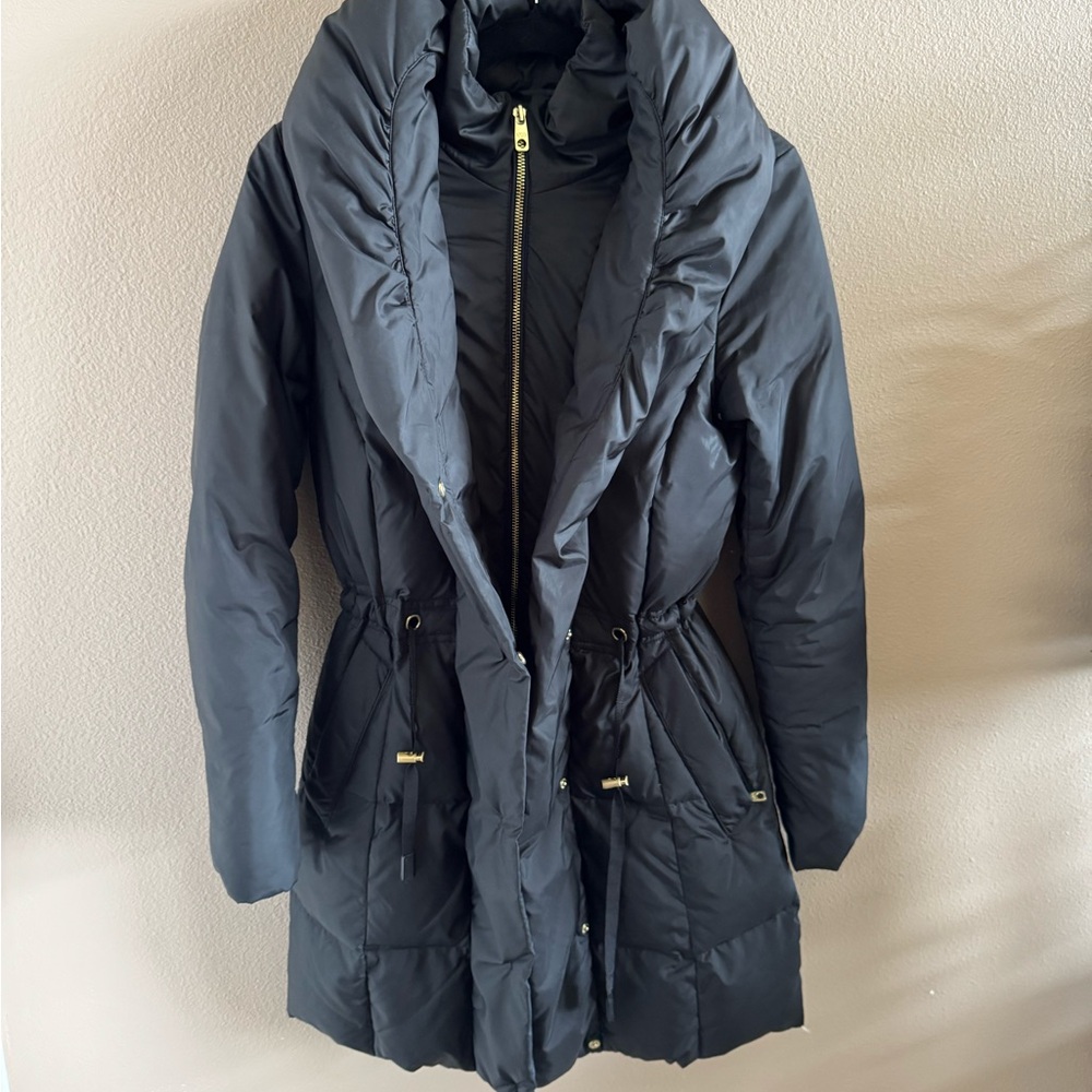 Cole Haan Women’s Black Quilted Puffer Coat with Drawstring Waist